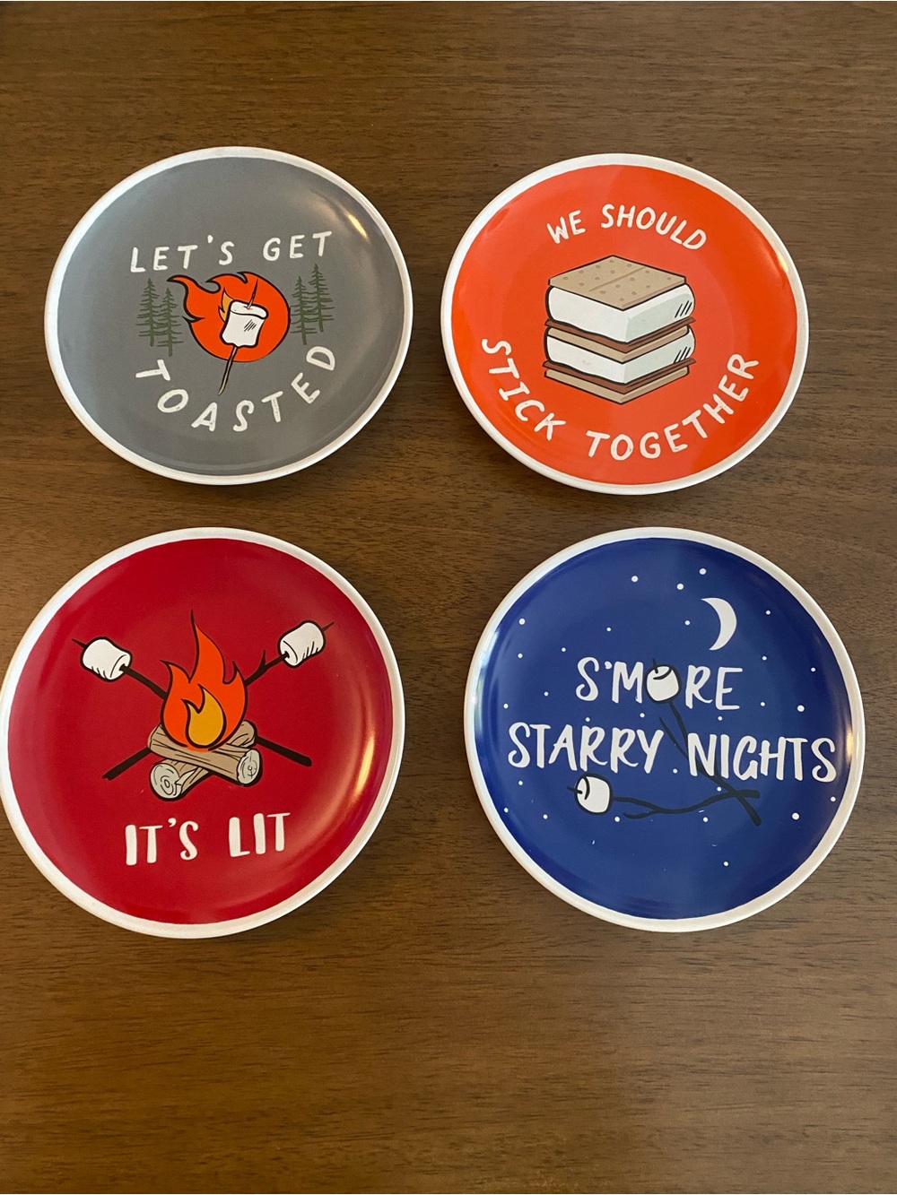 Tag Ceramic Snack Plates Set Of 4 Toasting Marshmallows Theme 7.75 Inch New